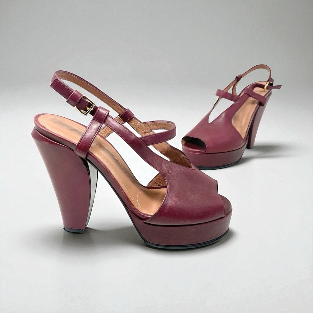 MARNI Burgundy Plum Leather Sculptured Platform Heeled Sandals Size 38